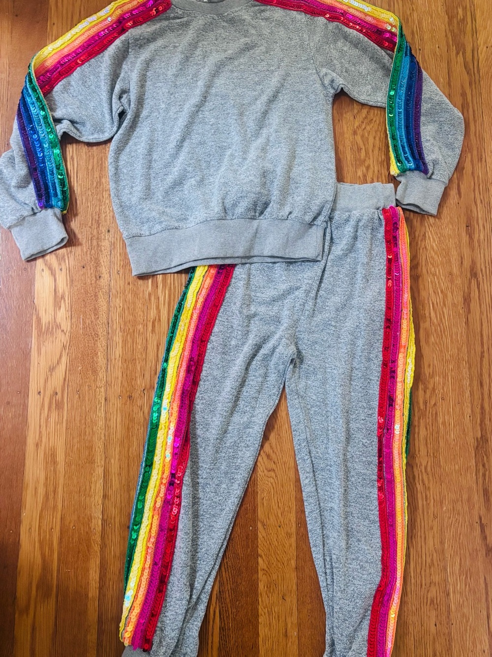 Lola + The Boys Gray Sweatshirt & Jogger Set with Rainbow Sequin Stripes